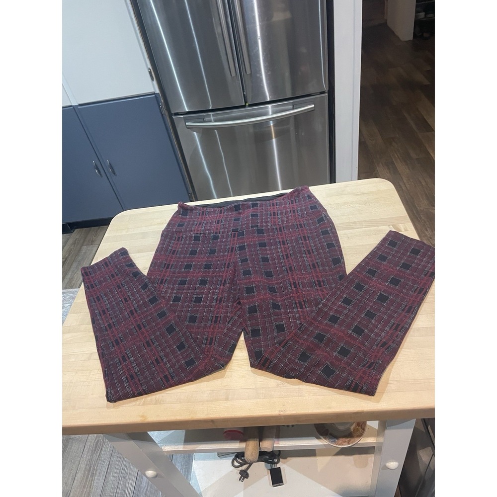 dp Sunday Plaid Pull On Leggings Burgundy Black Skinny Pants Women's Sz Large